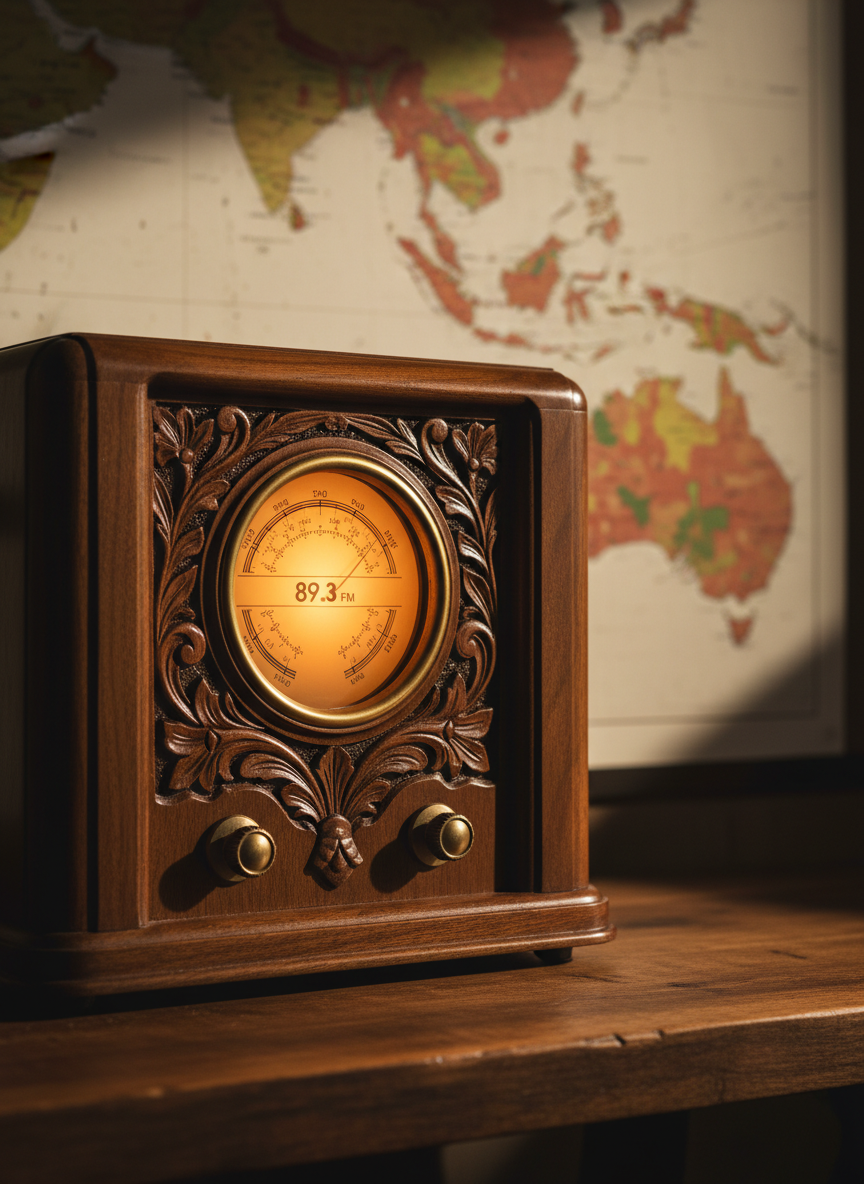 A polished, vintage-style wooden radio console with intricate carvings and a softly glowing analog dial tuned to 89.3 FM, resting on a rich, dark cedar table. Behind it, a wall map outlines the Pacific Northwest with Squaxin territory subtly highlighted in earthy tones. Warm, directional studio lighting from the upper left creates gentle highlights on the wood grain and casts soft shadows, giving depth and texture. Captured at eye level in photographic realism, the composition follows the rule of thirds, with a shallow depth of field that blurs the map edges. The mood is professional yet intimate, evoking trust, history, and Indigenous presence in contemporary radio.