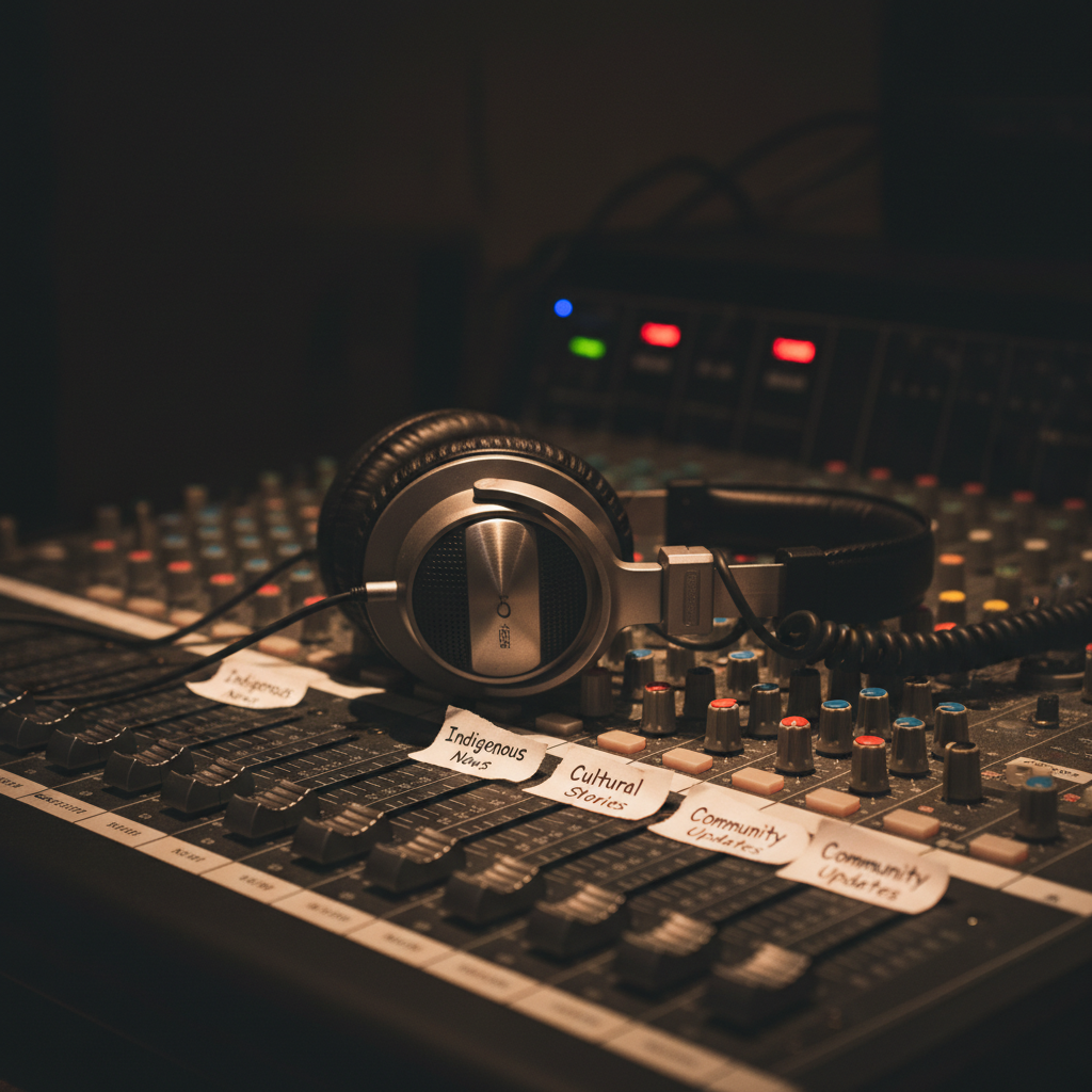 A close-up of a professional audio mixing desk in a dimly lit control room, its faders and knobs carefully set, with small handwritten labels reading “Indigenous News,” “Cultural Stories,” and “Community Updates.” A pair of slightly worn, high-end studio headphones with a brushed metal frame rests gently across the console. Soft, low-key lighting from the right casts long, dramatic shadows that highlight the contours and textures of the equipment. The background recedes into darkness with only a few soft indicator lights visible, enhancing the mood of concentration and late-night broadcasting. Captured in photographic realism with a shallow depth of field, the image conveys seriousness, dedication, and the craft of Native radio production.