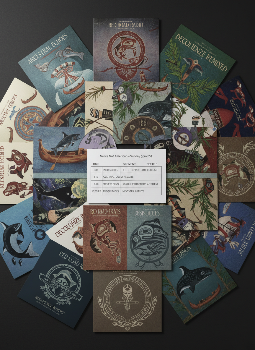 An overhead view of a circular arrangement of vinyl records and CDs, each with carefully designed covers referencing Indigenous news, culture, and resistance through symbols like cedar boughs, salmon, canoes, and coastal patterns. At the center lies a clean, modern station log sheet titled “Native Not American – Sunday 5pm PST” with time-coded segments for news, views, and music. Cool, diffuse studio lighting evenly illuminates the scene, bringing out the textures of matte paper and glossy discs. The composition is symmetrical and balanced, shot in photographic realism with sharp focus throughout. The atmosphere feels organized, intentional, and culturally grounded, ideal for illustrating curated Indigenous programming.