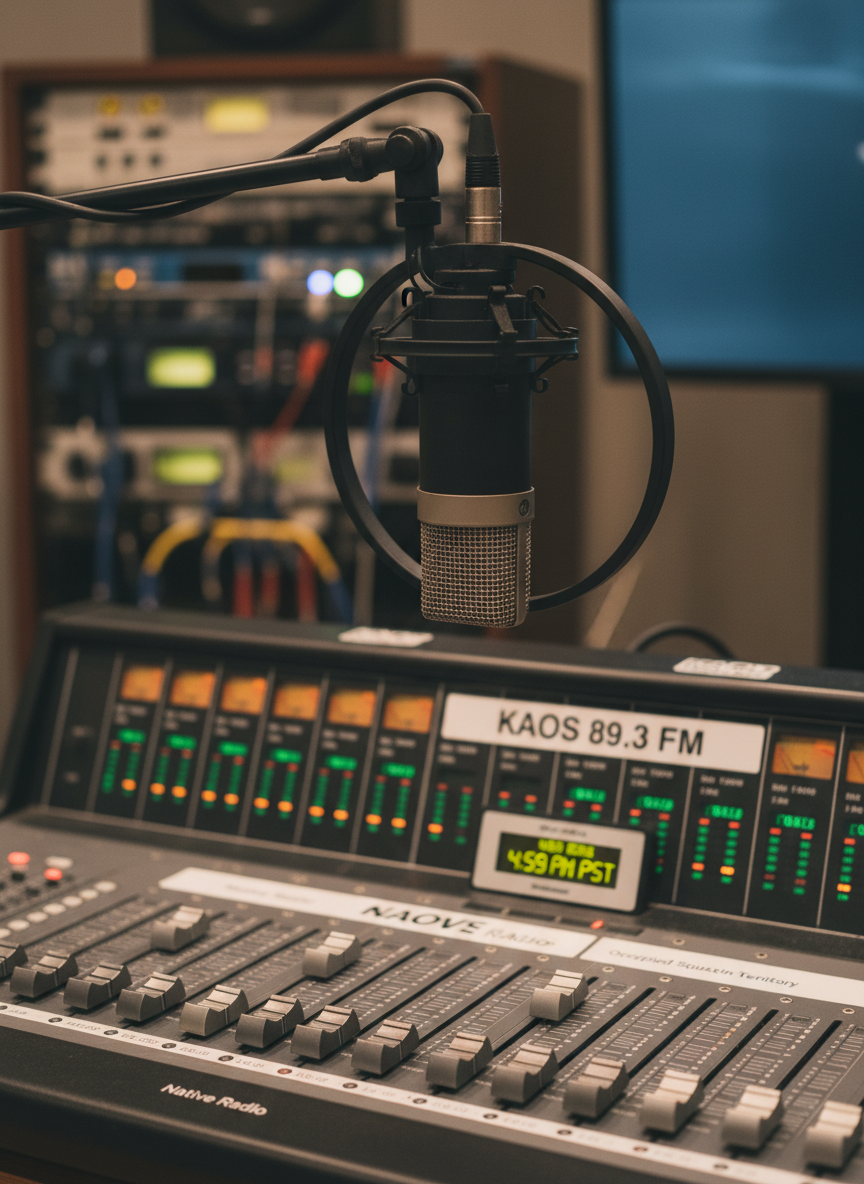 A sleek, contemporary broadcast microphone with a matte black finish and fine metal mesh, suspended in a shock mount in front of a soundboard labeled “KAOS 89.3 FM.” The console is covered in tactile sliders, glowing LED levels in green and amber, and a small digital clock set to 4:59 pm PST. Subtle decals reference “Native Radio” and “Occupied Squaxin Territory.” Soft studio lighting illuminates the microphone from the side, creating a refined highlight on its contours while the background fades into a tasteful bokeh of equipment. Shot from a slightly low angle in photographic realism, the mood is focused, authoritative, and ready-for-air, embodying professional Indigenous news coverage.